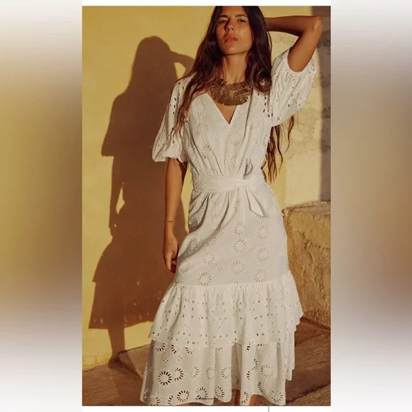 zara dress with embroidered ruffle sleeves Zara Women's White Short Puff Sleeve Eyelet Embroidered Fit & Flare Mini  Dress M
